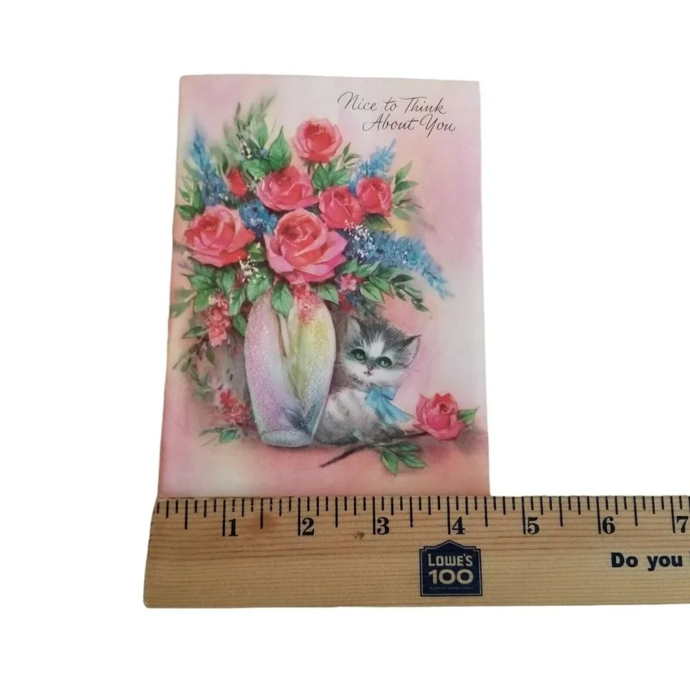 Vintage Greeting Card Nice to Think About You Pink Roses Glitter Kitty Kitten